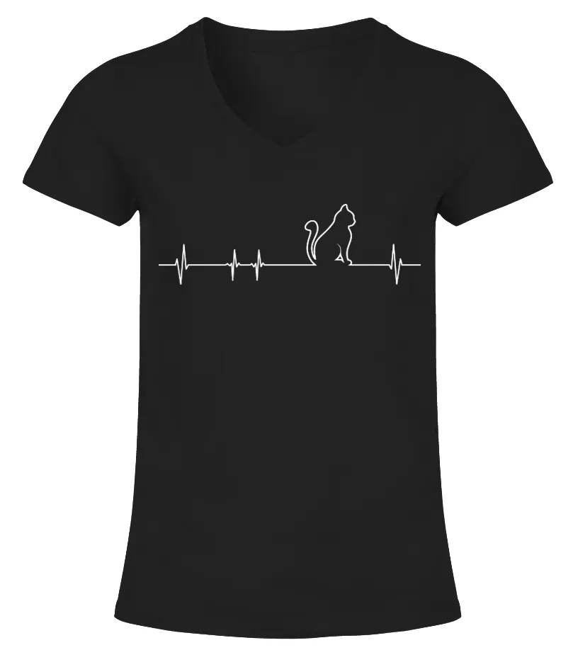 Dibujo linea de la vida y gato Camiseta cuello pico Mujer