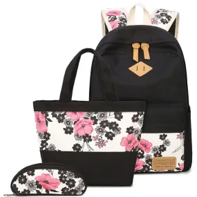 Folk Ink Wash Painting Pink Flowers Rose School Girl's Black Canvas Large Backpack