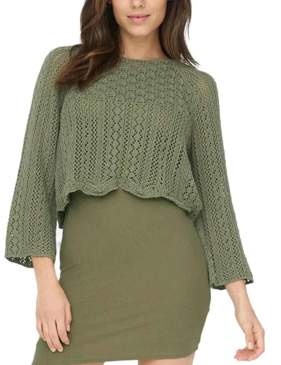Jersey crop Only Nola crochet verde manga 3/4 de mujer